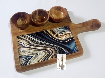 Sara Home Mango Wood Serving Chipdip/Dosa/Chees/Snacks Tray Printed Enamel Serving Platter with Handle Appetizer Plate Serving Platter With 3 Bowls