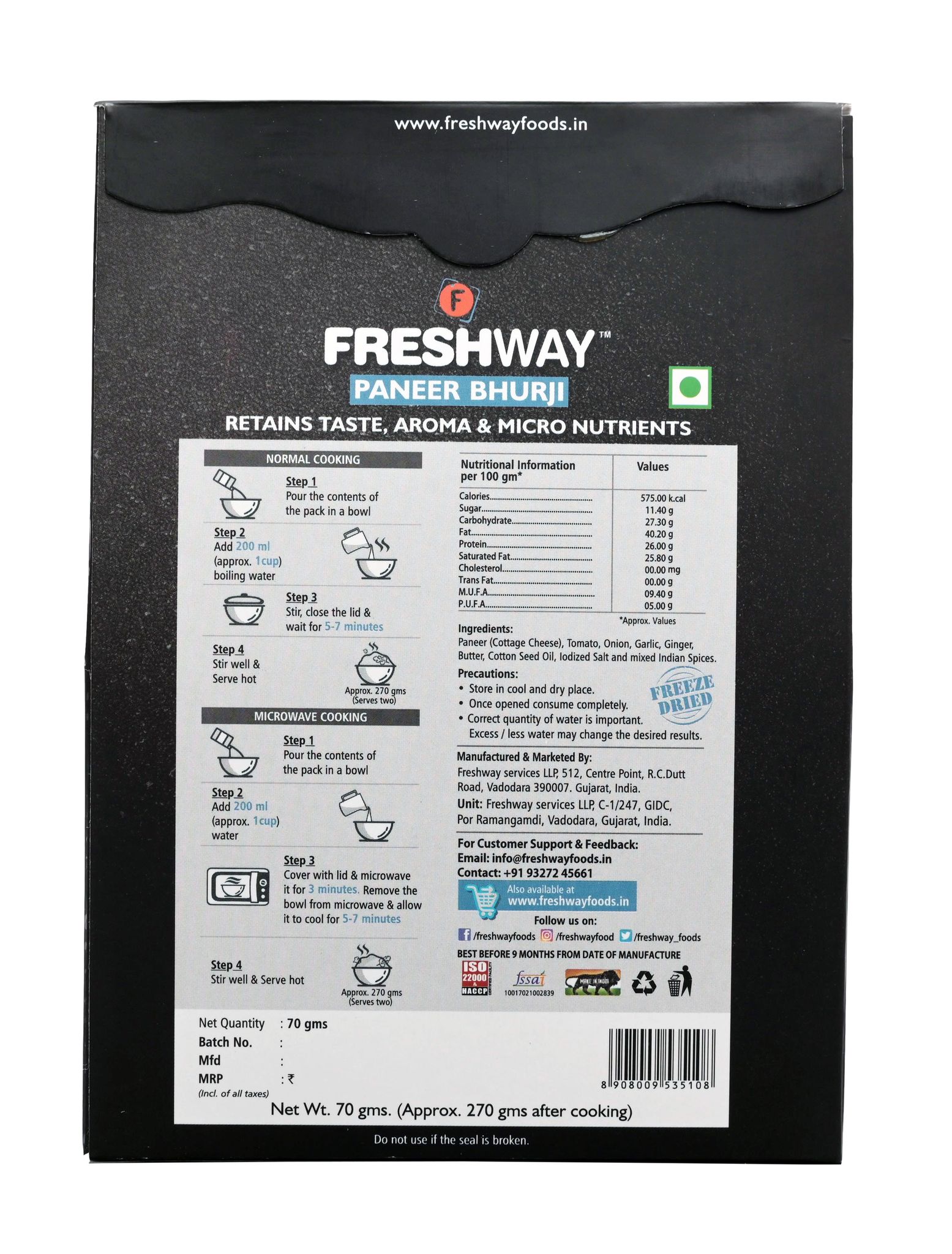 Freshway Ready To Eat Combo Palak Paneer, Paneer Bhurji, Pav Bhaji, Tawa Masala, Makkhanwala