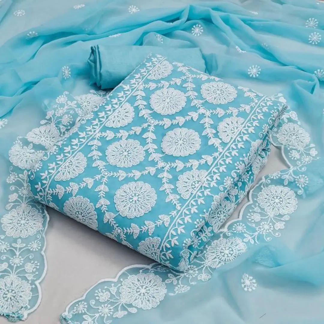 Trendy Georgette Sky Blue Chikankari Top With Bottom And Dupatta Set For Women