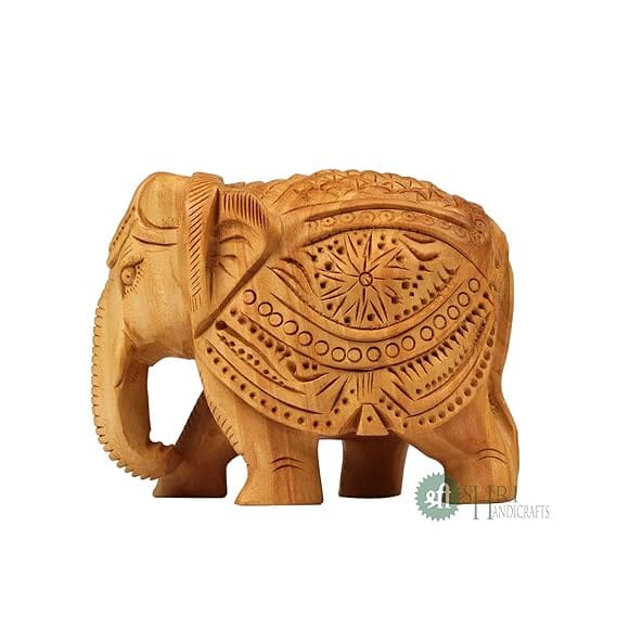 Shri Handicrafts 3" Wood Elephant Pair Down Trunk Statue Carving Figurine Showpiece for Home Decor