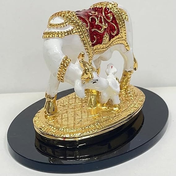 shree kreations Gold Plated Kamdhenu Cow with Calf Idol Acrylic Kamadhenu