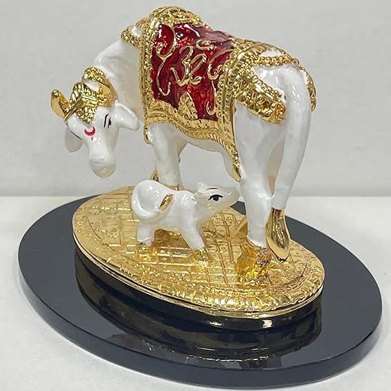 shree kreations Gold Plated Kamdhenu Cow with Calf Idol Acrylic Kamadhenu