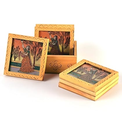 Traditional Meera Gemstone Painting Tea Coffee Coaster Set - Home Decor Handicrafts