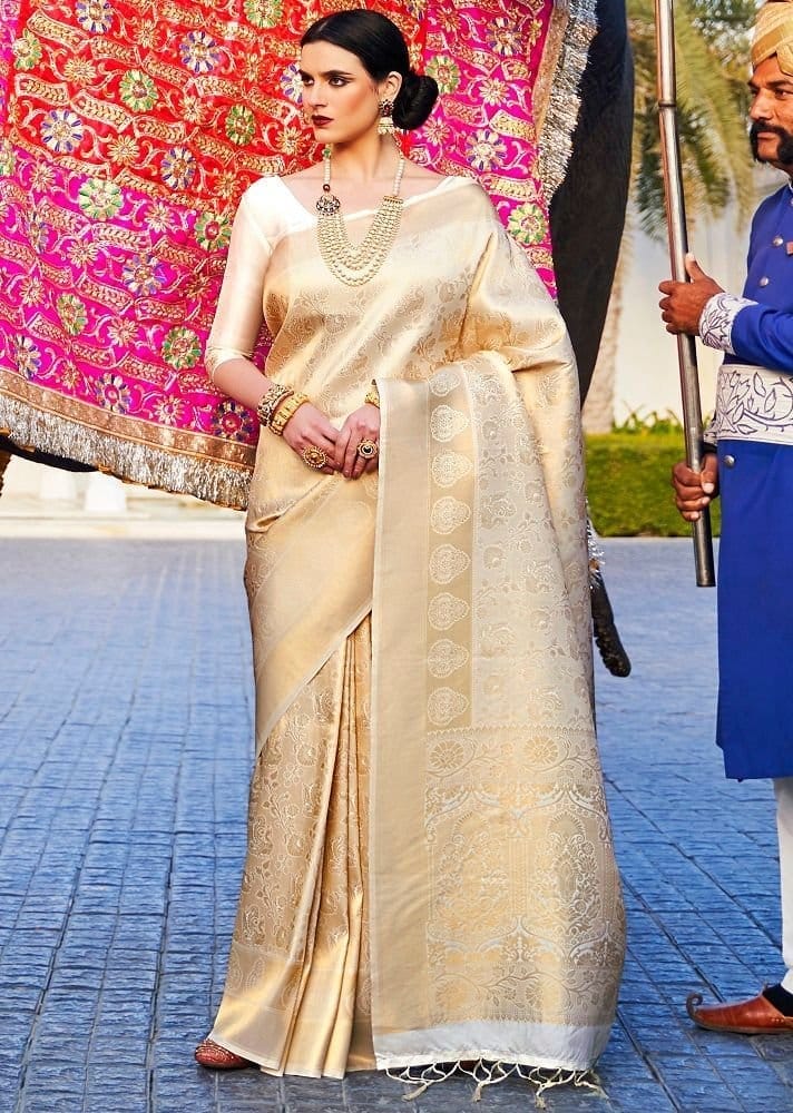 Woven Art Silk Saree in Cream - Sarees | Buy online on ZillyBuy