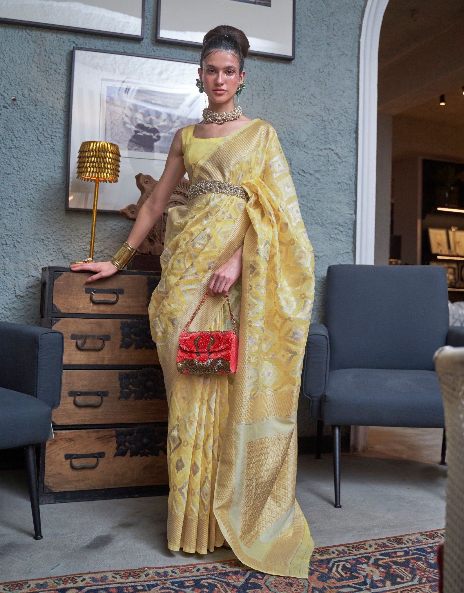 Yellow Color Linen Fabric Handloom Woven Saree Border And Fancy Blouse Piece