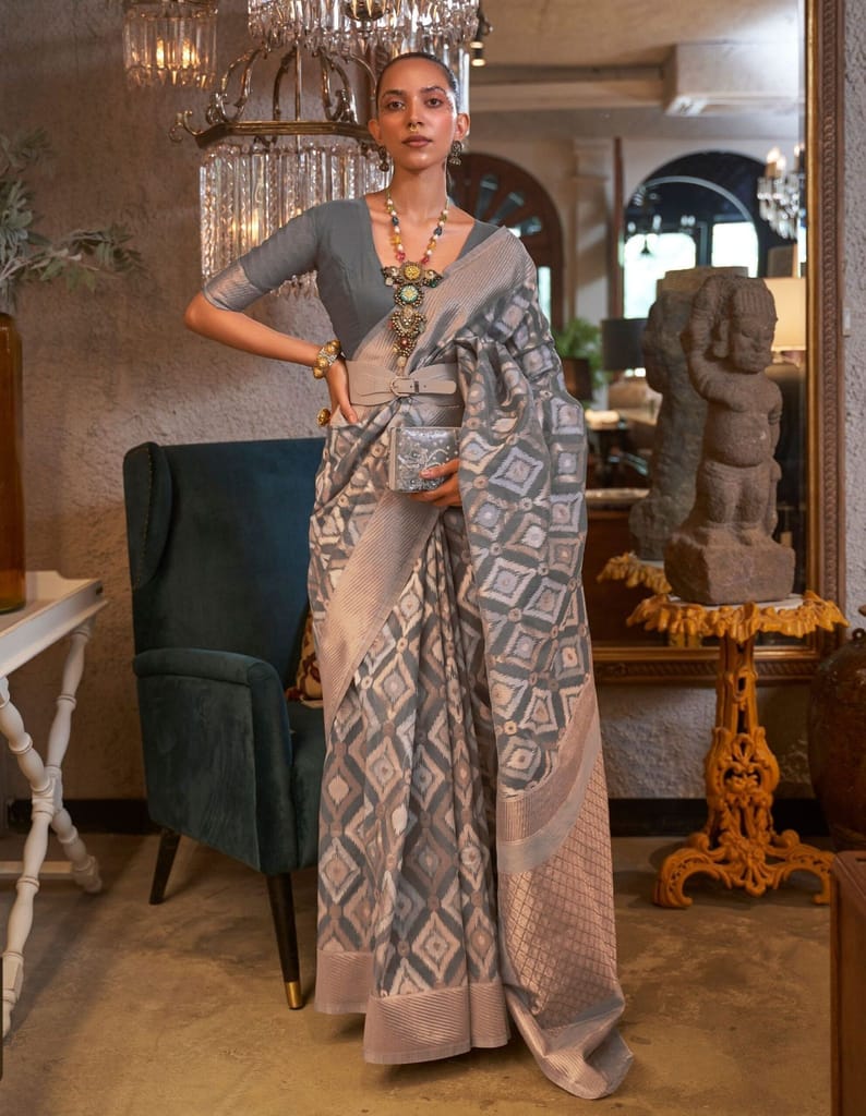 Grey Color Linen Fabric Handloom Woven Saree Border And Fancy Blouse Piece - Sarees | Buy online on ZillyBuy