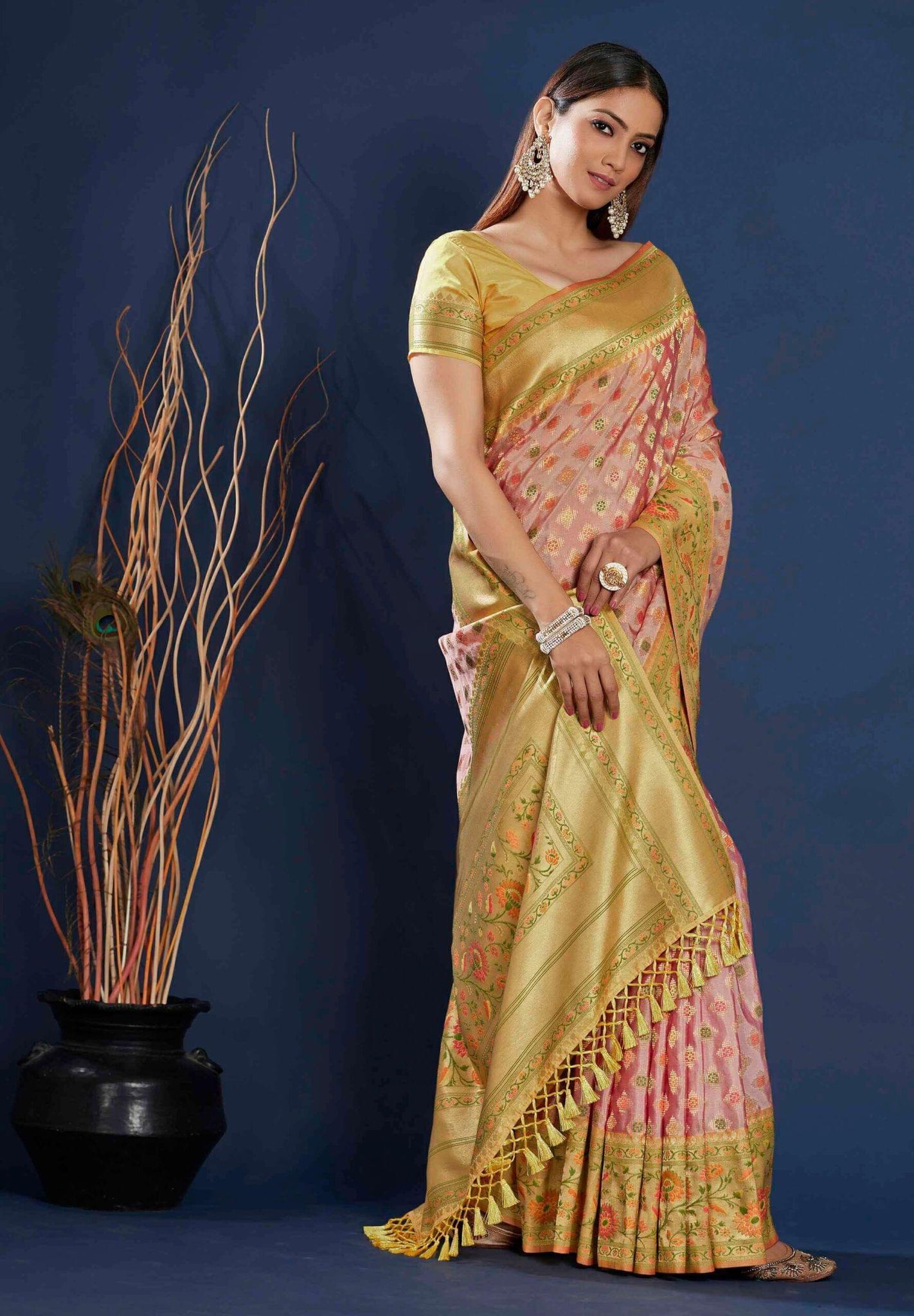Pink Color Organza Heavy Weaving Saree With Weaving, Zari Work Border Tassal Pallu And Weaving Art Silk Blouse