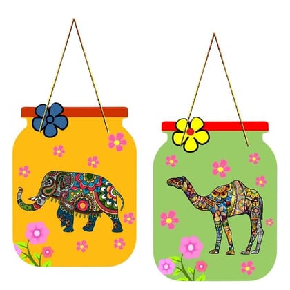 Charmor Elephant Printed Decorative Wooden Wall Hanger for Living Room | Bedroom | Office | Gift | Home Decoration (WH3209),Set of 2