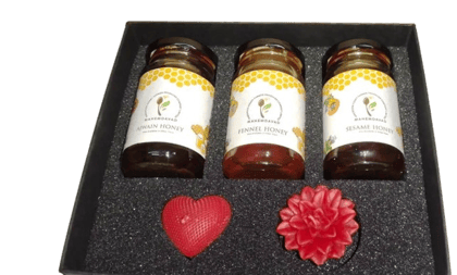 HONEY COMBO GIFT BOX | AJWAIN - SESAME - FENNEL HONEY | BEAUTIFUL CANDLES