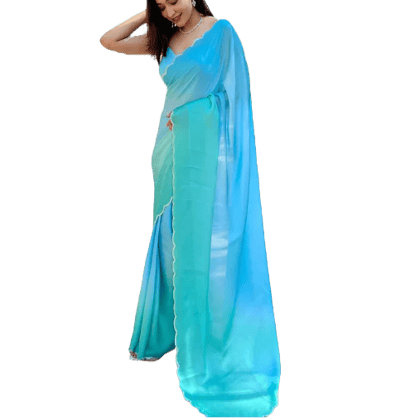 Satin Sky Blue Colour Georgette Saree With Ombre Print And Stone Work Border