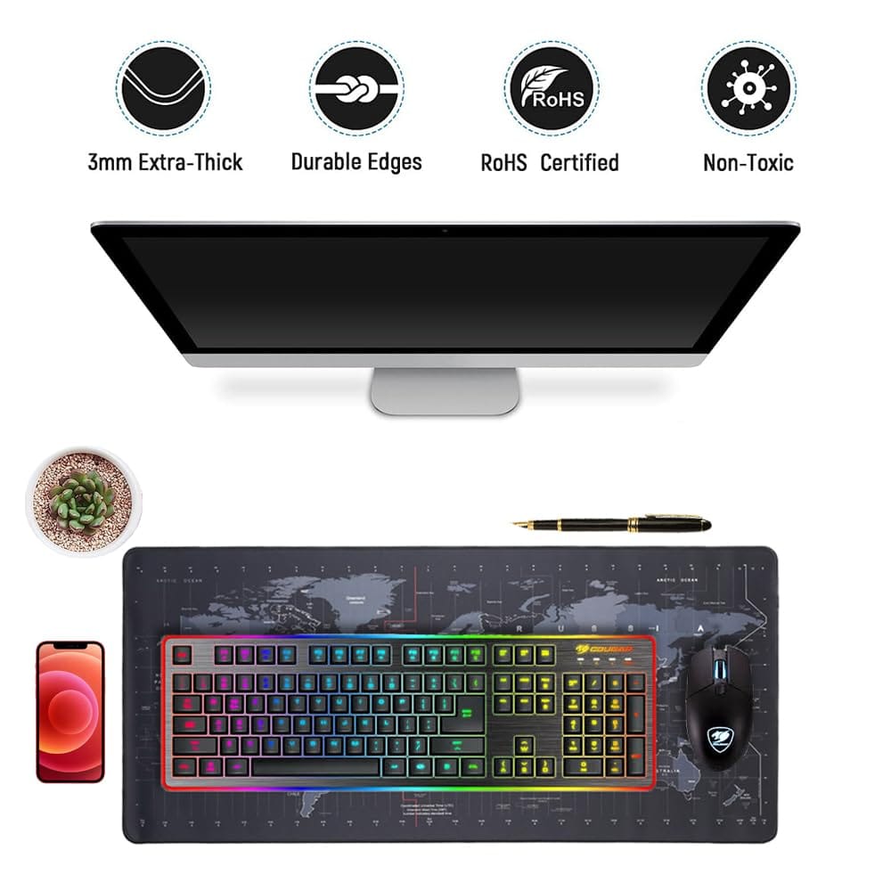 Extra Large World Map Mouse Pad | 90cm x 40cm Non-Slip Desk Mat for Desktop and Laptop