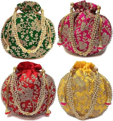 FASHIONS Rajasthani Style Royal Clutch Silk Batwa Bag Combo Wristlets Ethnic Potli Combo For Women's Zari Work Potli Combo Bridal Potli Combo ( Pack Of 4)