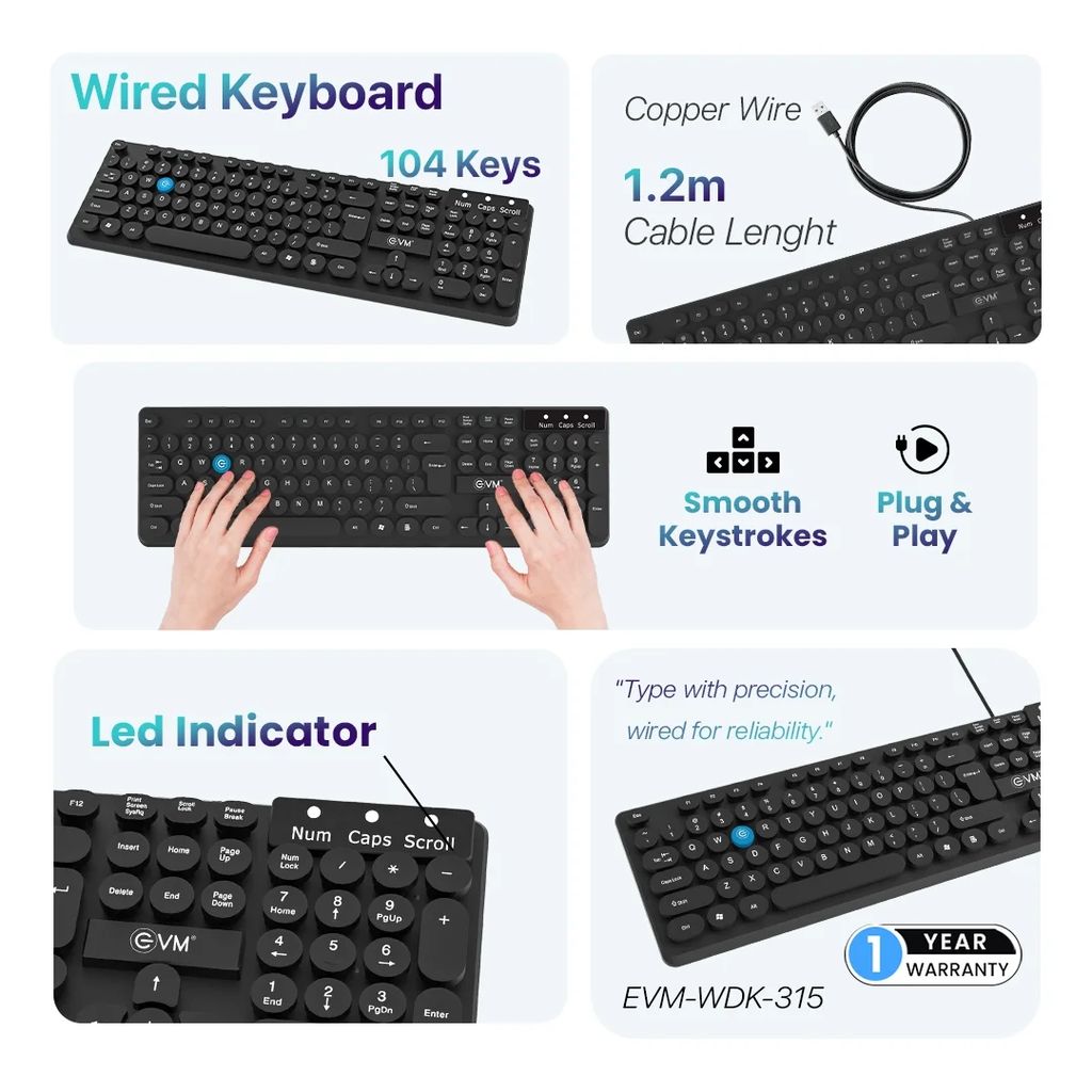 WIRED KEYBOARD (EVM-WDK-315) | Spill-Resistant | 1.2m Cable | UV Paint Coated | USB Connectivity | 1yr Brand Warranty