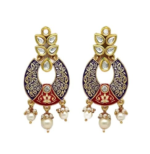STOREPEDIA Meenakari Gold Plated Kundan Earrings with White Pearl For Women/Girls Chand Bali Earrings Trendy Jewelry for Office Party Function Festival, Stylish Accessories for Women - Earrings | Buy online on ZillyBuy