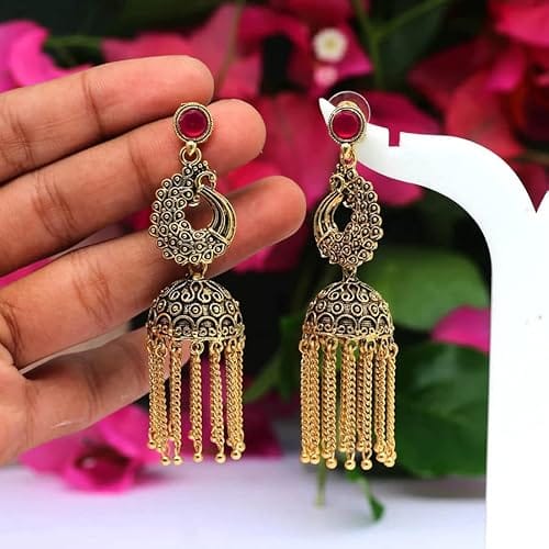 STOREPEDIA Gold Plated Oxidised Alloy Traditional Earrings For Women/Girls, Indian Rani Color Ethnic Peacock Dangle Jhumki/Jhumka Jewellery for Office Party Festival, Stylish Accessories for Women - Earrings | Buy online on ZillyBuy