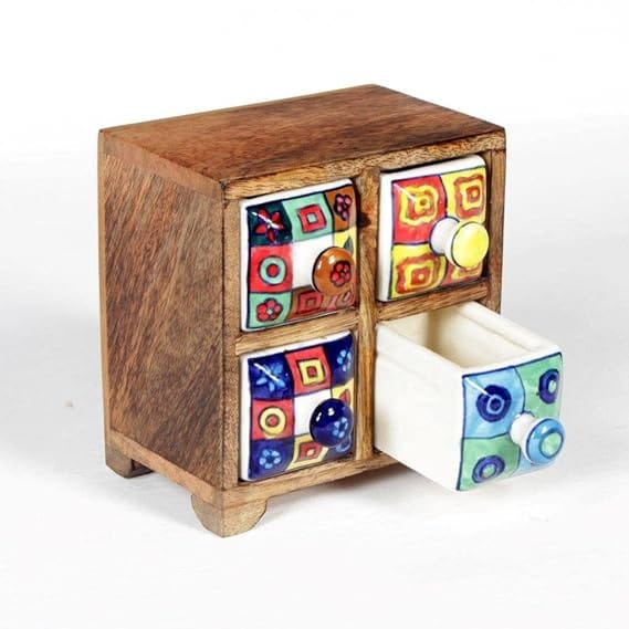 Rustic Wooden Ceramic Chest Drawers for Jewelry Makeup and Organizer Women Ring Storage