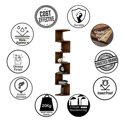 Dime Store 7 Tier Wooden Zig Zag Wall Corner Hanging Shelves for Living Room