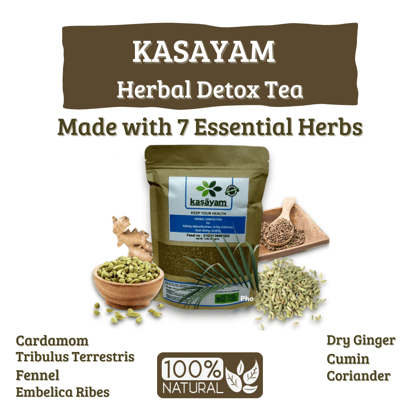 'Kasayam' an Anti-oxidant and a Kidney Detox, is a mix of organic indian spices effective on heat burns, urine infection, kidney cleansing, kidney stone, proper in summer time towards heat cramps.