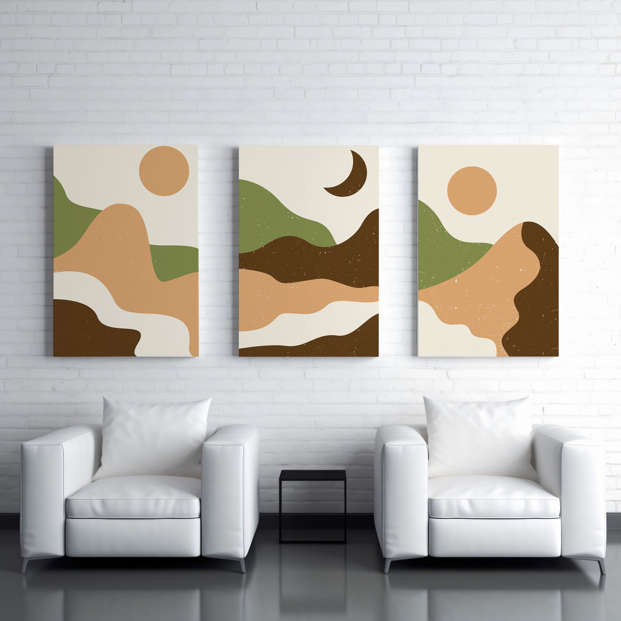 Rustic Charm Set of 3 Abstract Landscape Canvas Wall Painting for Living room, Office and Hotel | 16x24 inches Vertical Canvas Wall Frames for Home Interior and Decor |Moon Sun