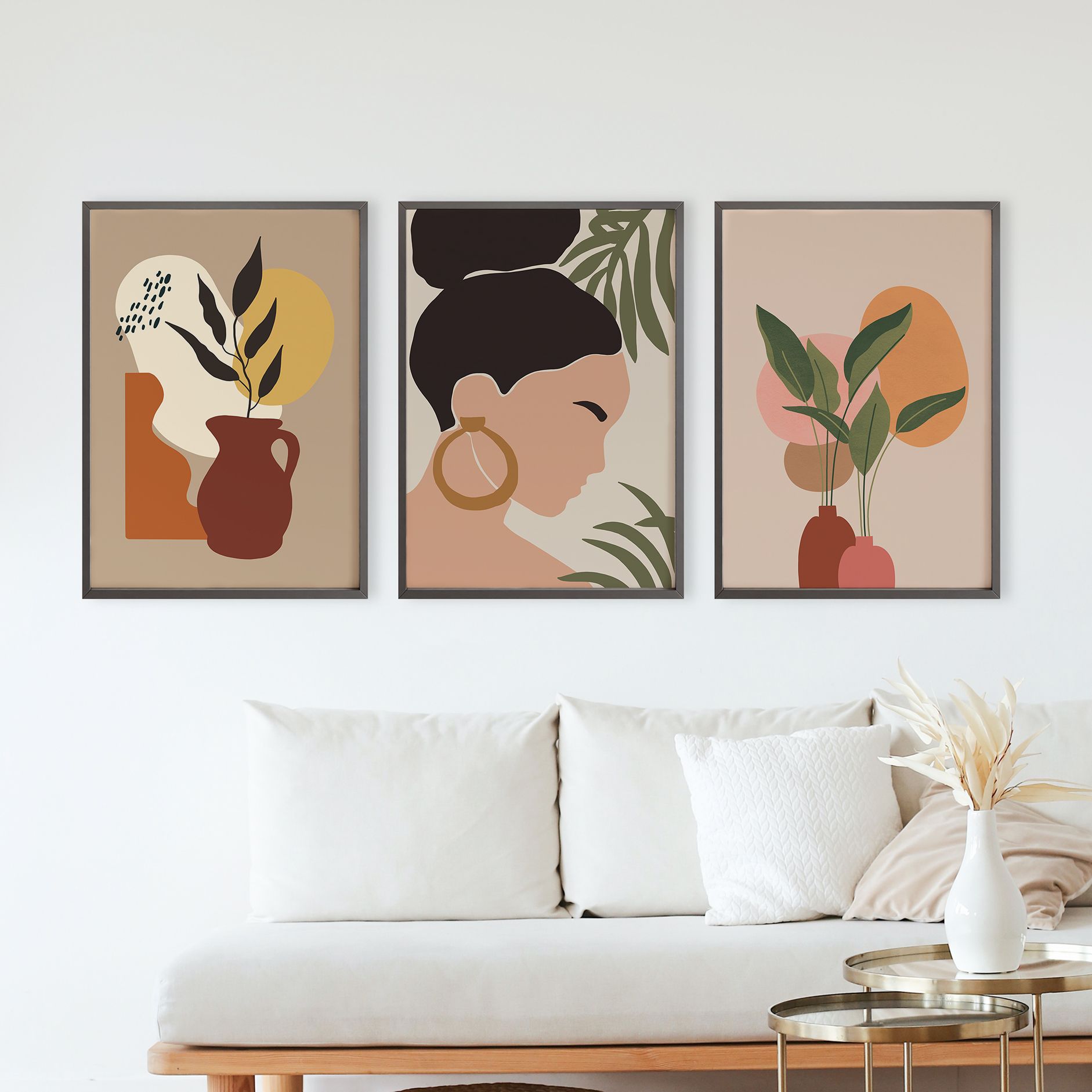 Rustic Charm Set of 3 Minimal BohoFloral Pot Wall Painting for Home Decor   | Abstract Plants|13 x 18 inches (A3)|Black