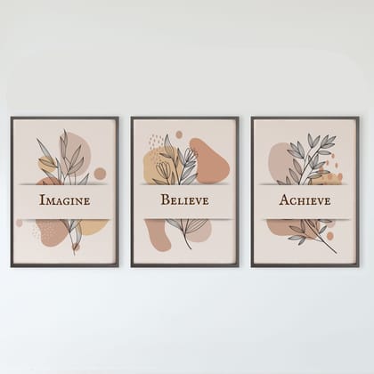 Rustic Charm Set of 3 Motivational Quotes Wall Art for Living room, Office & Gym   | Believe|9 x 13 inches (A4)|Wenge