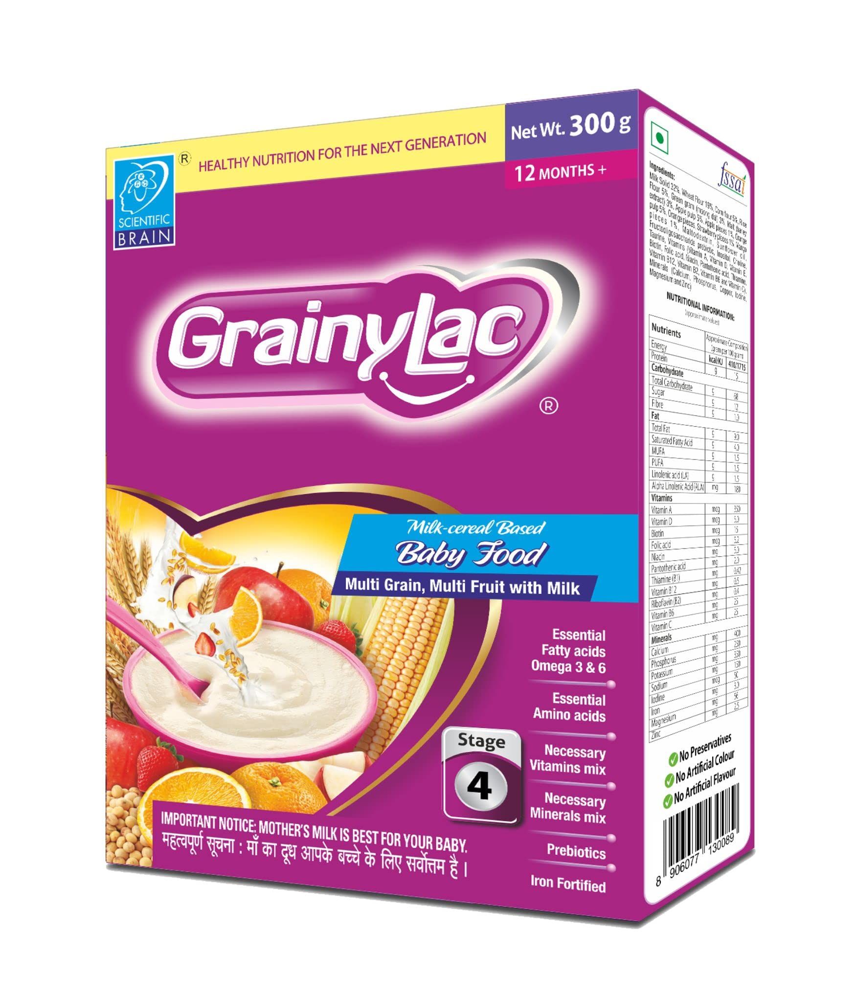 GrainyLac| Multi Grain Multi Fruit with Milk| For Children 12 Months & Above| Easy to Digest| Goodness of Apple, Strawberry, Banana, Orange|(Pack of 2)