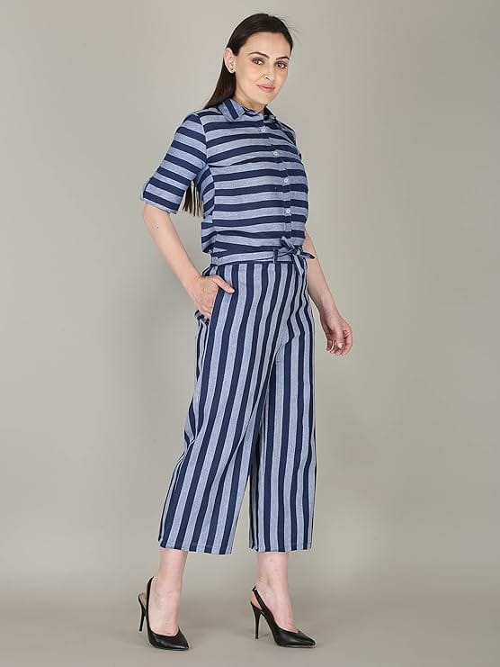 ceil Women's Shirt Collar Button Down Two Piece Top And Bottom Long Jumpsuit