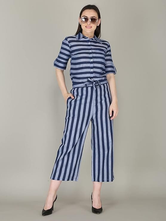 ceil Women's Shirt Collar Button Down Two Piece Top And Bottom Long Jumpsuit