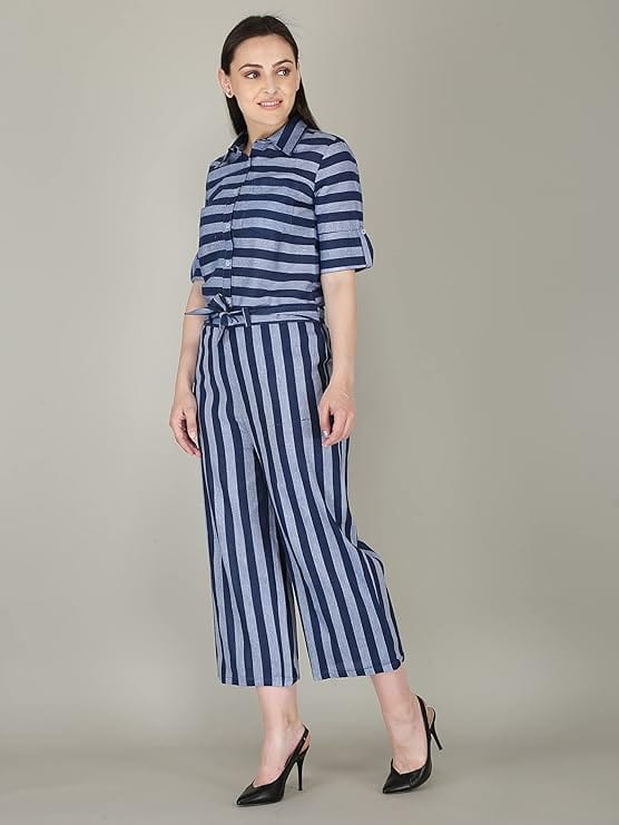 ceil Women's Shirt Collar Button Down Two Piece Top And Bottom Long Jumpsuit