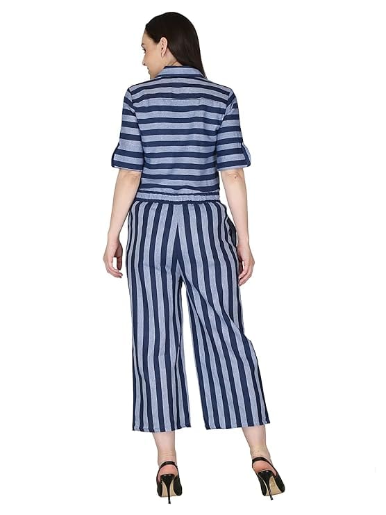 ceil Women's Shirt Collar Button Down Two Piece Top And Bottom Long Jumpsuit