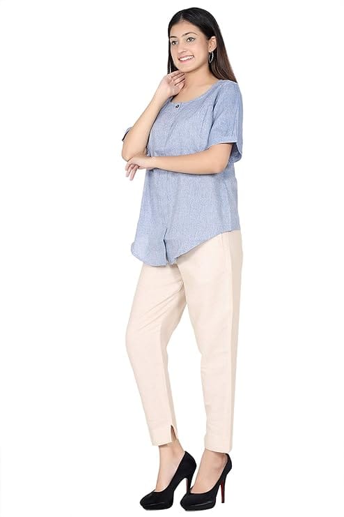 ceil Women Cotton Denim Solid Regular Fit Round Neck Casual Top for Women and Girls