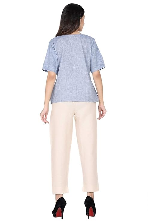 ceil Women Cotton Denim Solid Regular Fit Round Neck Casual Top for Women and Girls