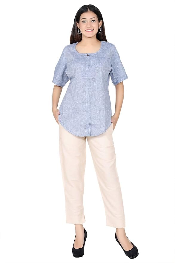 ceil Women Cotton Denim Solid Regular Fit Round Neck Casual Top for Women and Girls