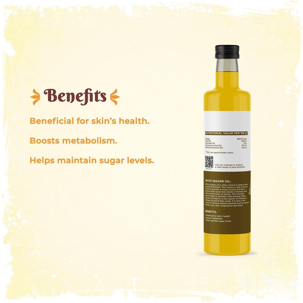 Shudhaata White Sesame Oil (1L) - Flavor Booster Oil Rich in Vitamin E, Omega Fatty Acids, and Minerals