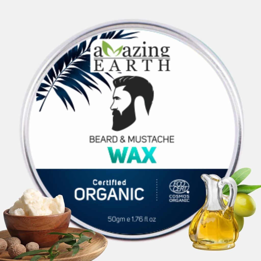 AMAzing EARTH Certified Organic Beard & Mustache Wax for Men - 100% Natural with Bee Wax, Olive, Argan, Patchouli Oil & Shea Butter, No Minerals, Chemical-Free, Vegan & Cruelty Free, ECOCERT - 50gm - Beard Care and Tools | Buy online on ZillyBuy