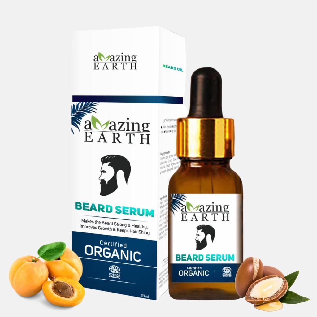 AMAzing EARTH Certified Organic Beard Serum for Men - 100% Natural with Olive, Argan & Apricot Oil & Grapeseed Extract, Shiny Beard Hair Growth, Sulphates & Parabens Free, Vegan & Cruelty Free - 30ml - Beard Care and Tools | Buy online on ZillyBuy