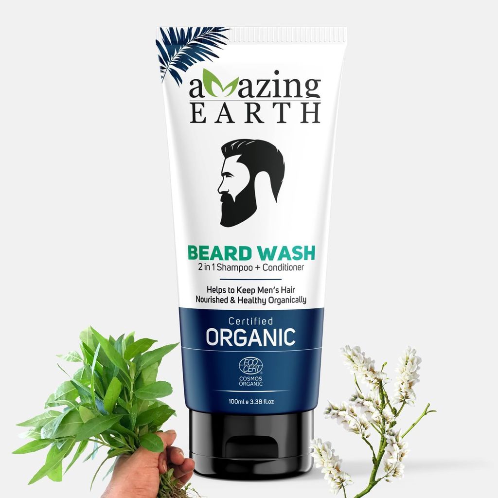 AMAzing EARTH 2 in 1 Beard Wash for Men - Shampoo + Conditioner for Hard Curly Beard with Bhringraj, Henna, Acacia & Argan Oil Certified Organic, Sulphate & Paraben Free, 100% Natural & Vegan - 100ml - Beard Care and Tools | Buy online on ZillyBuy