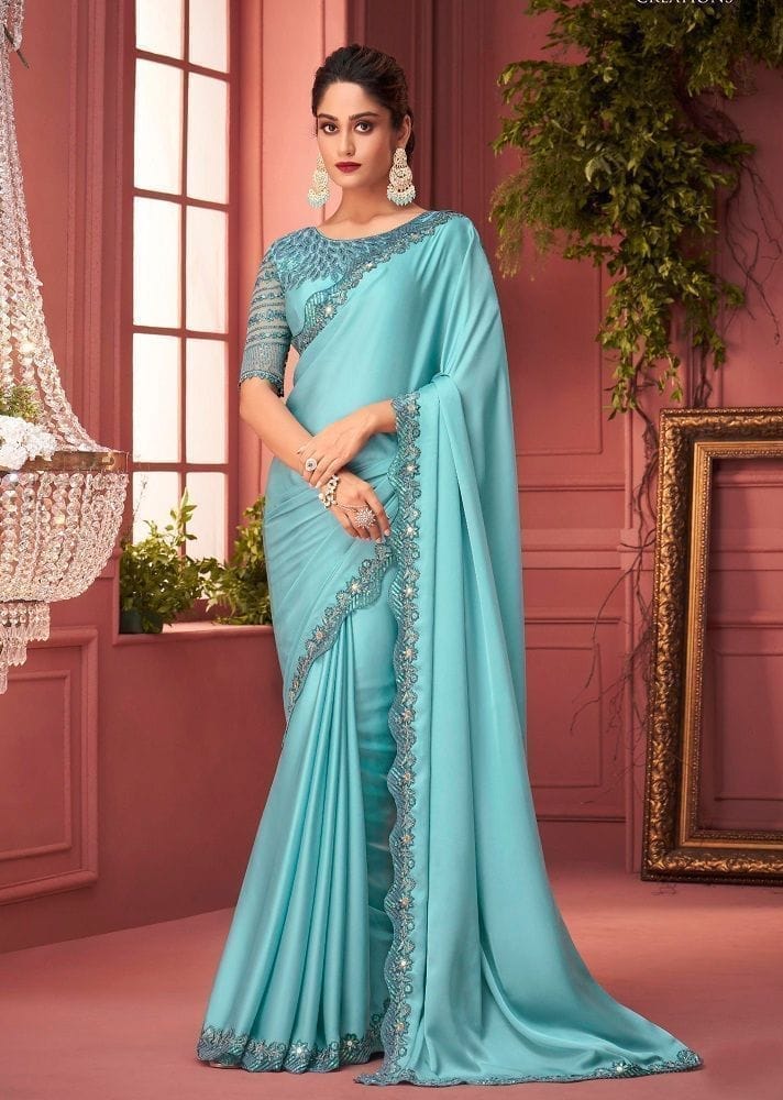 Embroidered Border Satin Georgette Scalloped Saree in Light Blue - Sarees | Buy online on ZillyBuy