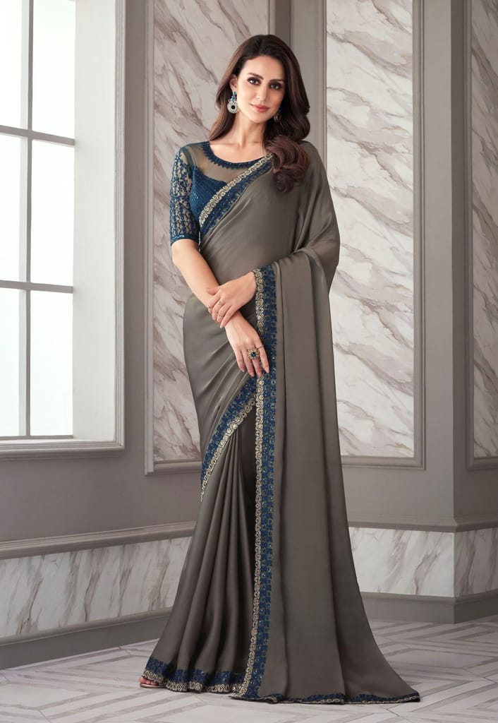 Embroidered Border Georgette Saree in Grey - Sarees | Buy online on ZillyBuy