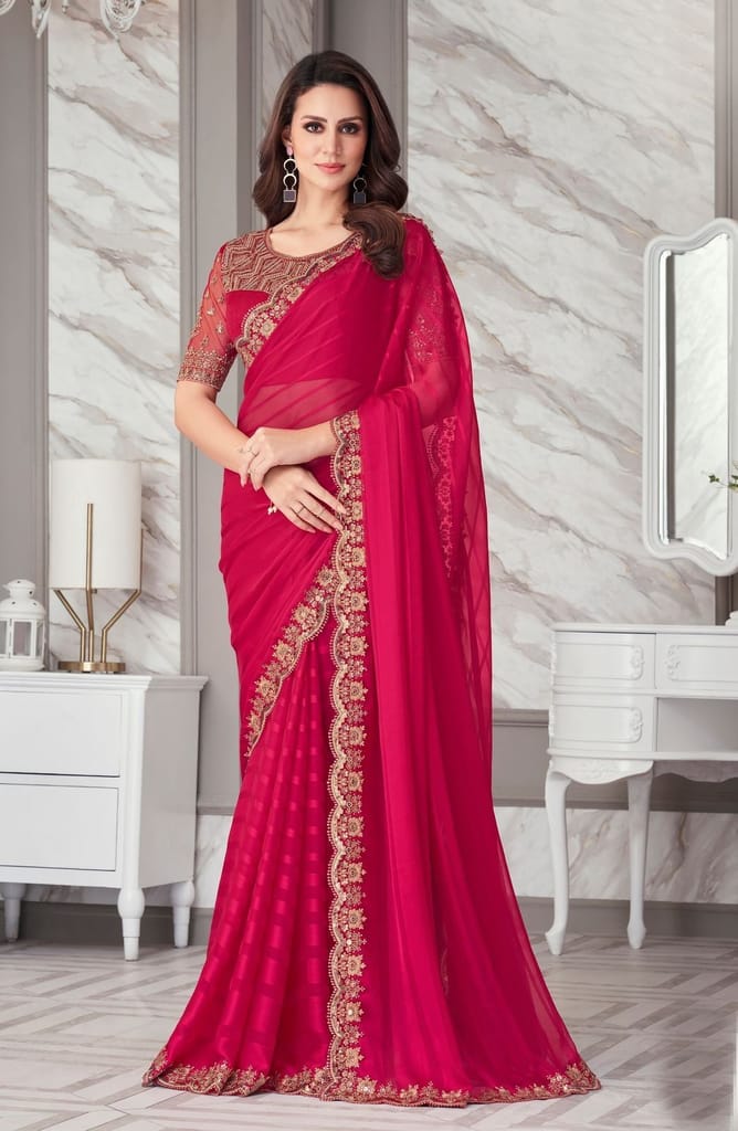 Embroidered Border Chiffon Scalloped Saree in Fuchsia - Sarees | Buy online on ZillyBuy