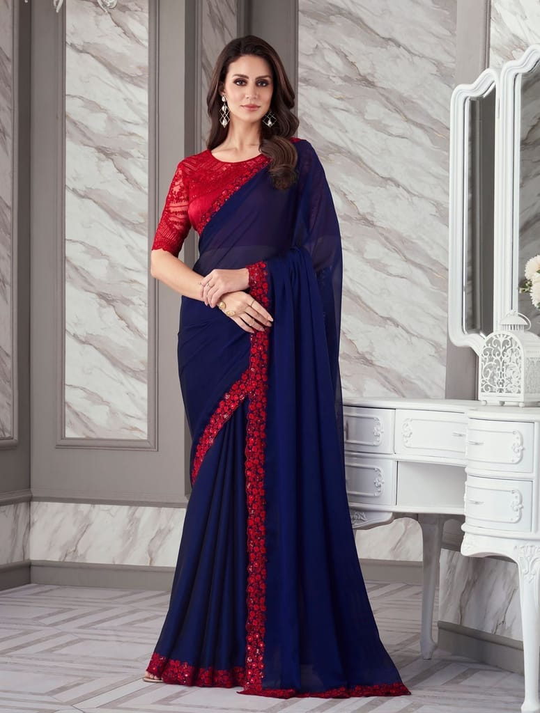 Embroidered Border Georgette Saree in Navy Blue - Sarees | Buy online on ZillyBuy