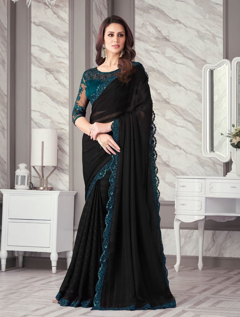 Embroidered Border Chiffon Brasso Scalloped Saree in Black - Sarees | Buy online on ZillyBuy
