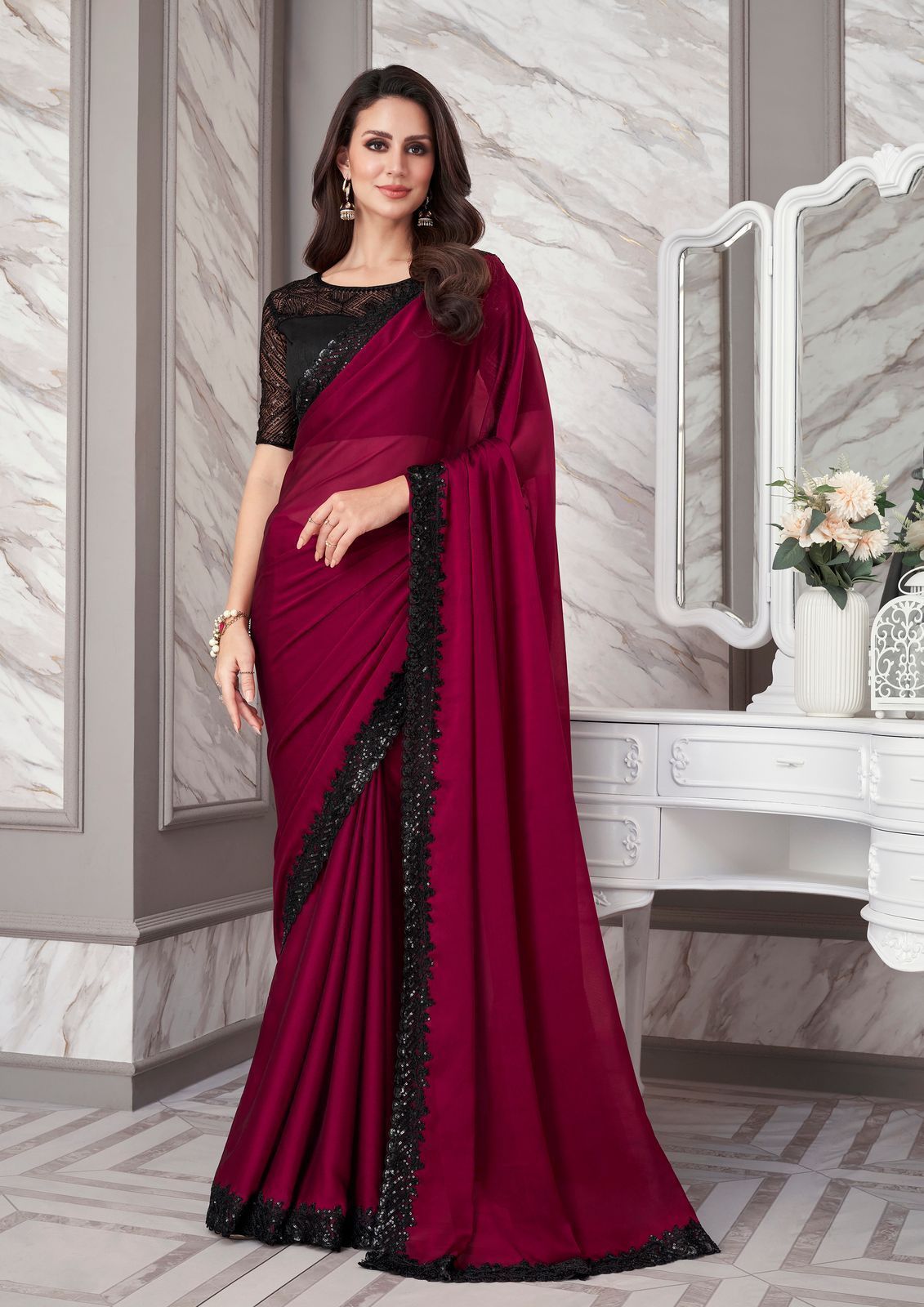 Embroidered Border Satin Georgette Scalloped Saree in Magenta