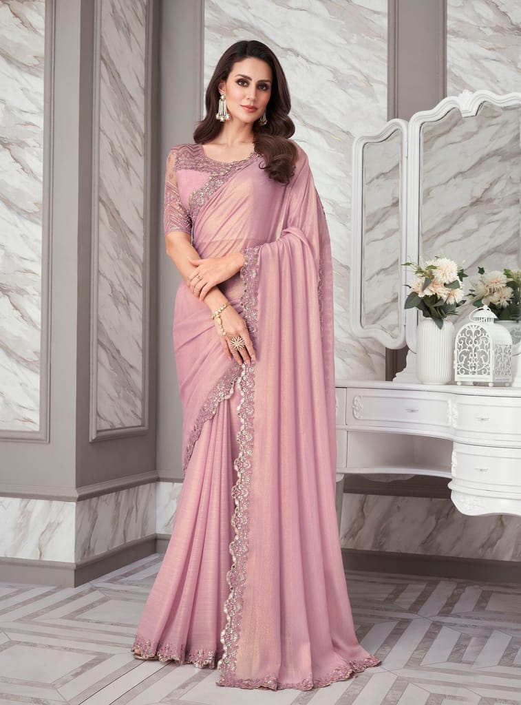 Embroidered Border Chiffon Shimmer Saree in Peach - Sarees | Buy online on ZillyBuy