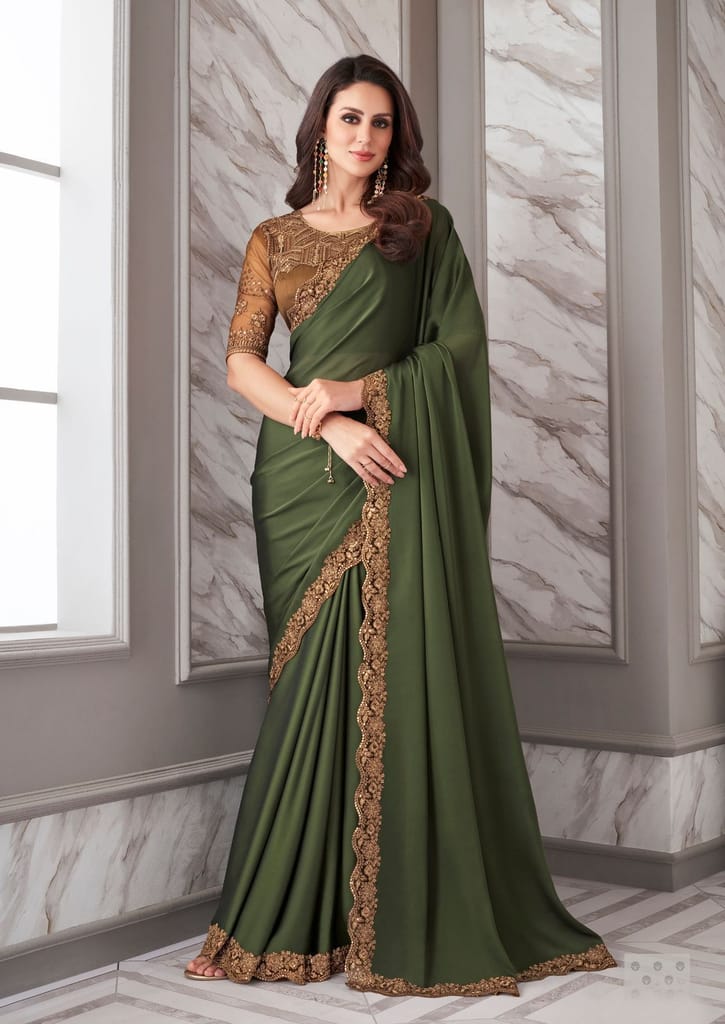 Embroidered Border Satin Georgette Scalloped Saree in Green - Sarees | Buy online on ZillyBuy