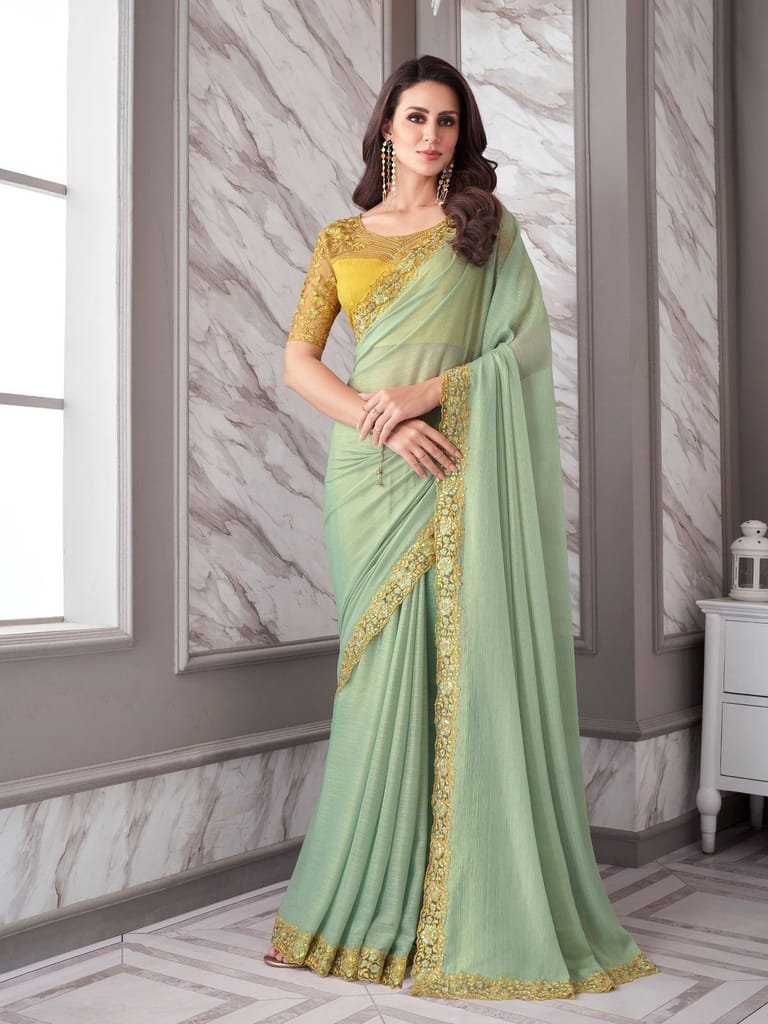 Embroidered Border Chiffon Shimmer Saree in Sea Green - Sarees | Buy online on ZillyBuy