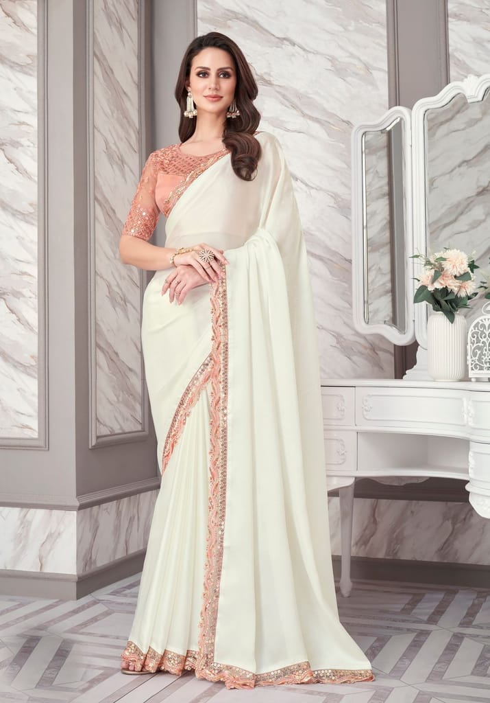 Embroidered Border Satin Georgette Saree in Off White - Sarees | Buy online on ZillyBuy