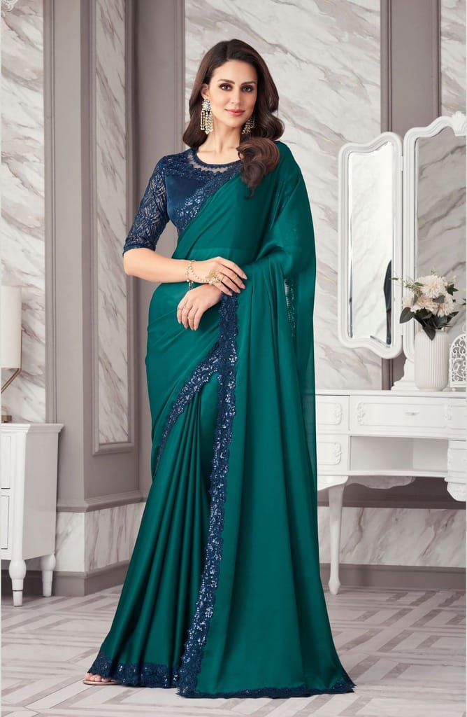 Embroidered Border Satin Georgette Saree in Teal Green - Sarees | Buy online on ZillyBuy