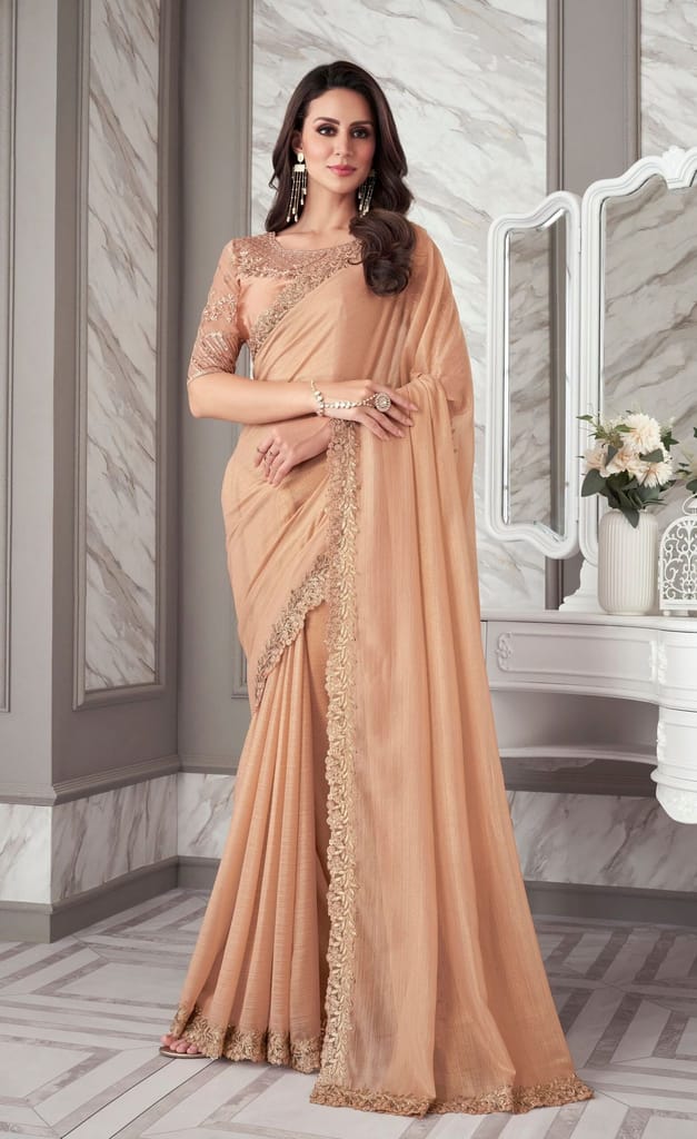 Embroidered Border Chiffon Shimmer Saree in Peach - Sarees | Buy online on ZillyBuy
