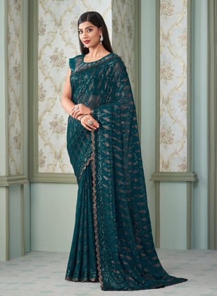 Embroidered Georgette Saree in Teal Blue